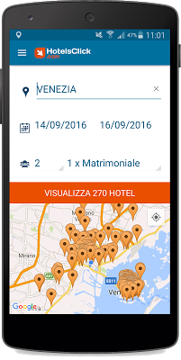 La ricerca geo-localizzata dell'app gratuita di Hotelsclick.com